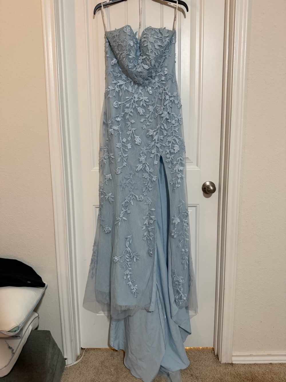 Sherri Hill Light Blue Strapless Embroidered Gown